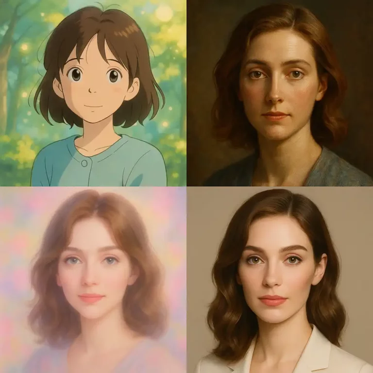 Anime to realistic female face transformation in four portrait styles side by side