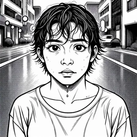 Boy like Kou in the rain with umbrella transformed with the Manga Art effect