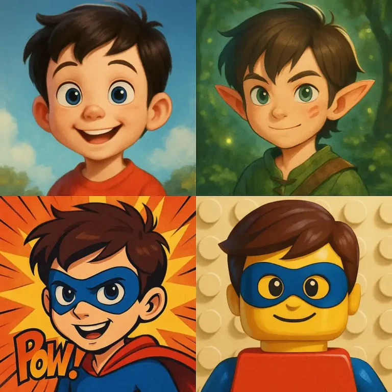 Cartoon boy in four styles including elf superhero comic and lego character with brown hair