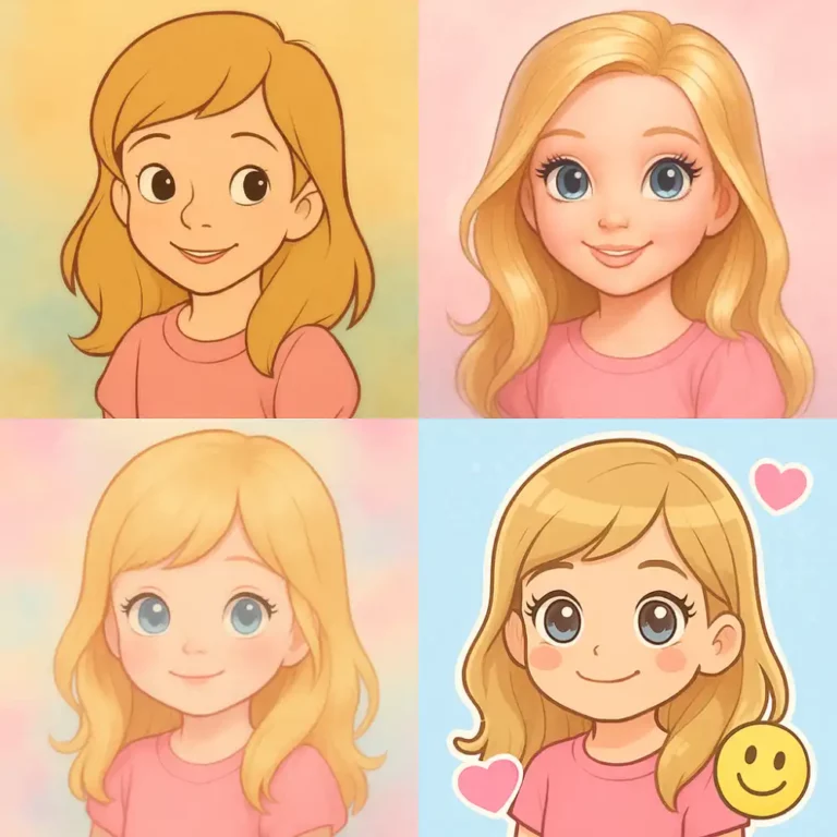 Cartoon girl face in four cute illustration styles with blonde hair and pink shirt