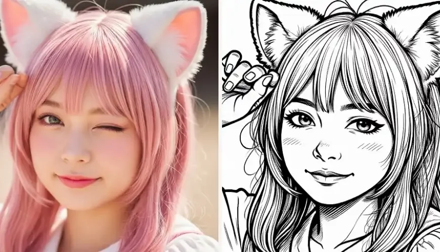 Girl like Sakura with cat ears and wink transformed with the Manga Art effect