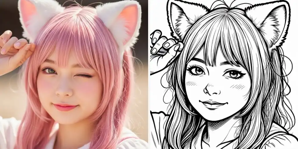 Girl like Sakura with cat ears and wink transformed with the Manga Art effect