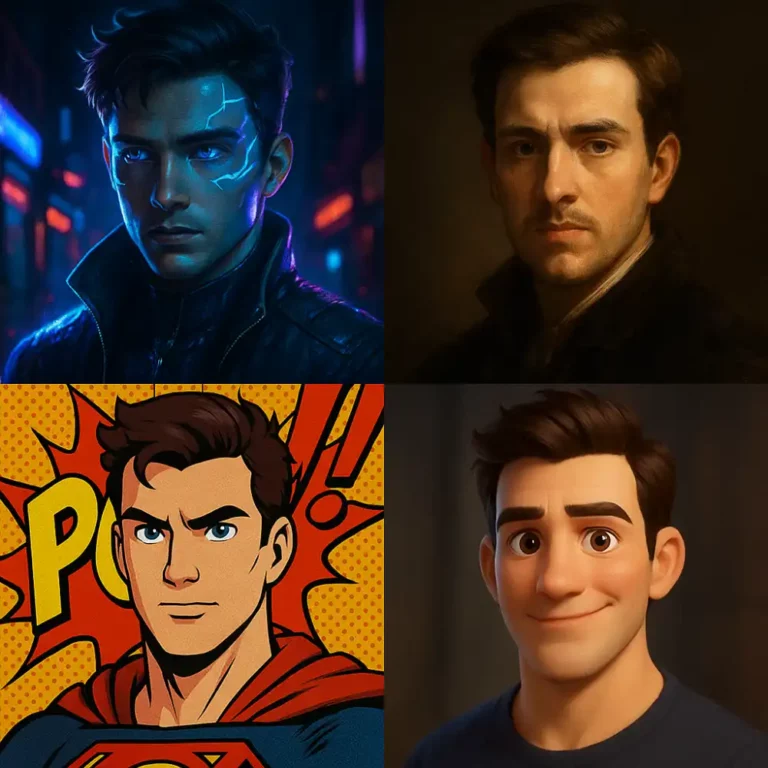 Male face in four styles cyberpunk oil painting comic superhero and 3d animation style