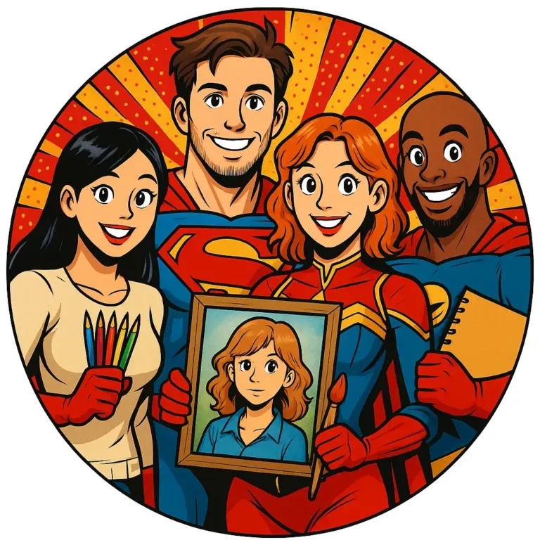 Superhero team in circle holding portrait and art tools in colorful comic book style