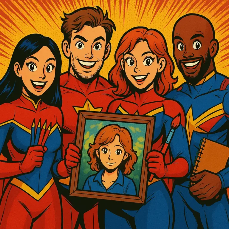 Superheroes holding portrait in comic style group illustration with bright colors and bold lines