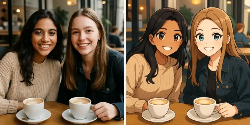 Two girls at a café transformed into Anime Style