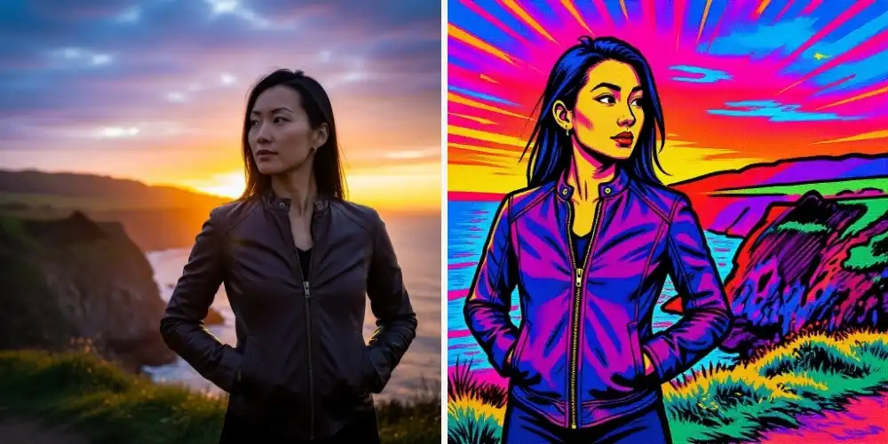 Woman in a leather jacket at sunset transformed with the Comic Book Art effect