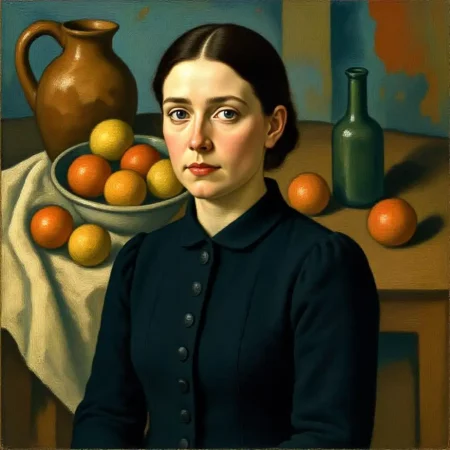 Structured portrait of a woman with Cézanne still life background