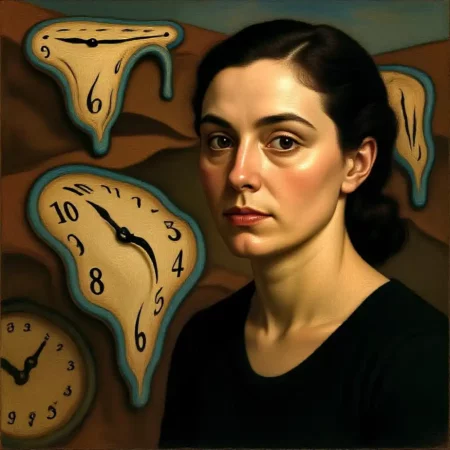 Surrealist portrait of a woman with melting clocks in a Dalí dreamscape