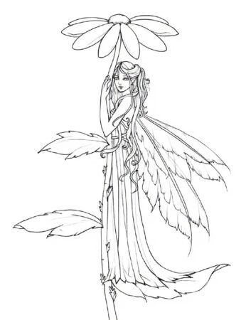 Fairy resting on tall flower in fantasy scene