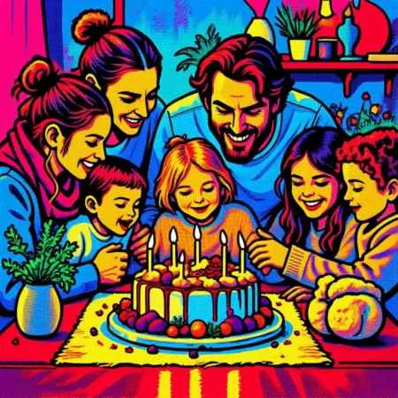 Family around a cake transformed with the Comic Book Art effect