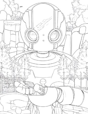 Friendly robot in scenic forest valley