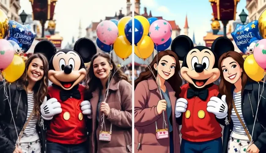 Friends with Mickey balloons transformed with the Disney Art effect