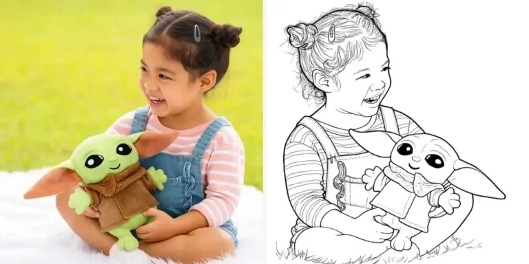 Girl with Baby Yoda plush photo to coloring page