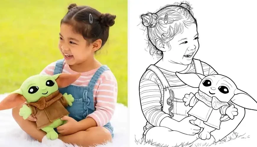 Girl with Baby Yoda plush – photo to coloring page example