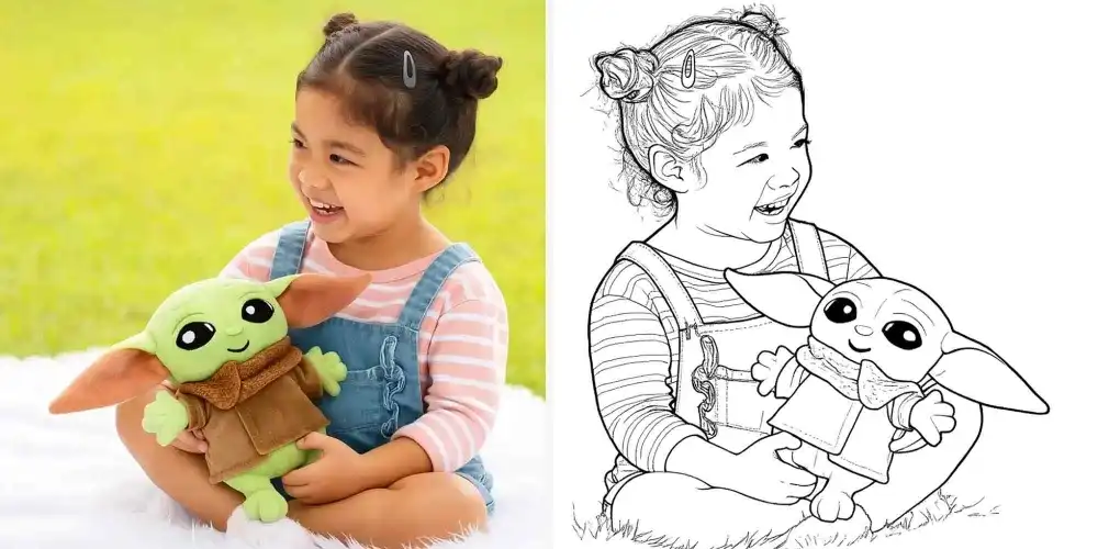 Girl with Baby Yoda plush – photo to coloring page example