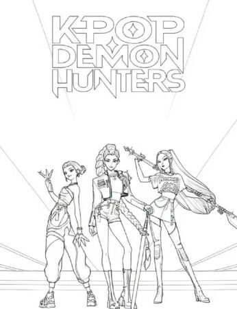 KPop Demon Hunters trio with weapons and stylish outfits