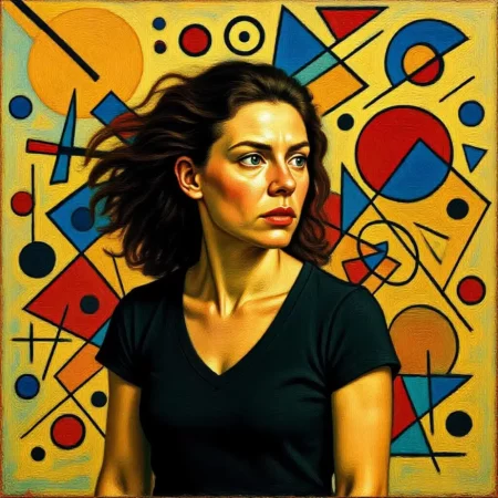 Dynamic portrait of a woman with Kandinsky-style abstract shapes