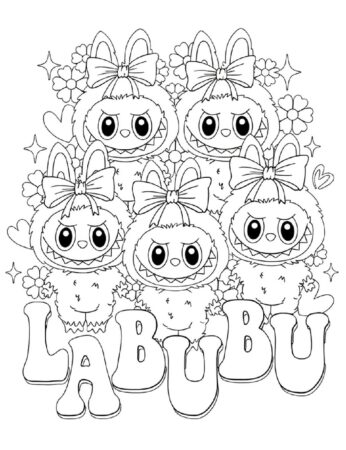 Labubu cute characters with big bows and smiles