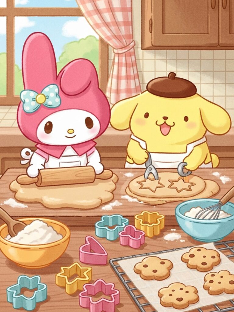 My Melody baking cookies in her kitchen with Pompompurin