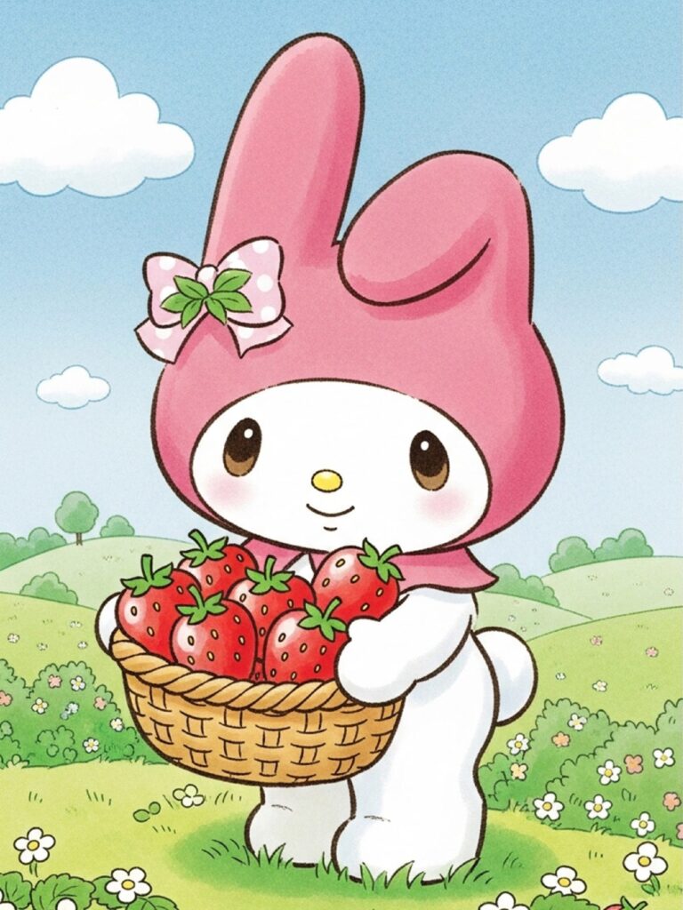 My Melody carrying a basket of strawberries