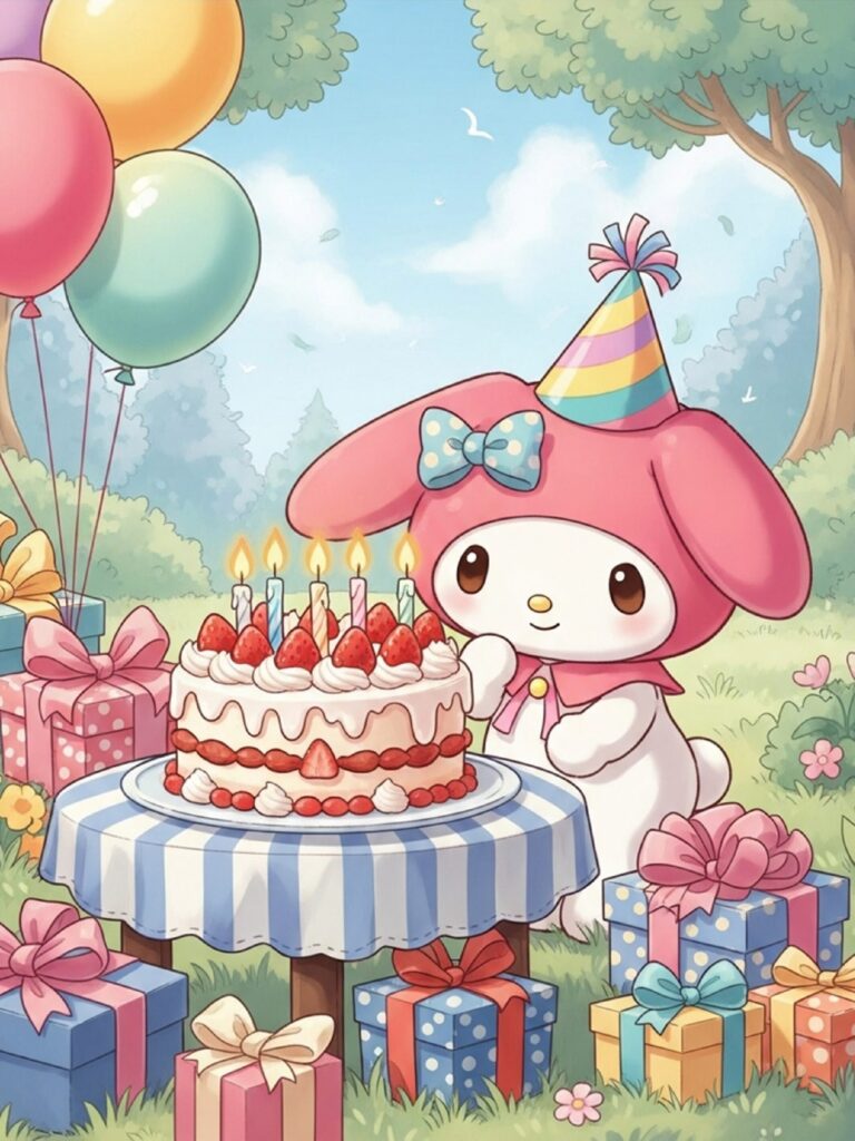My Melody celebrating her birthday with cake and gifts