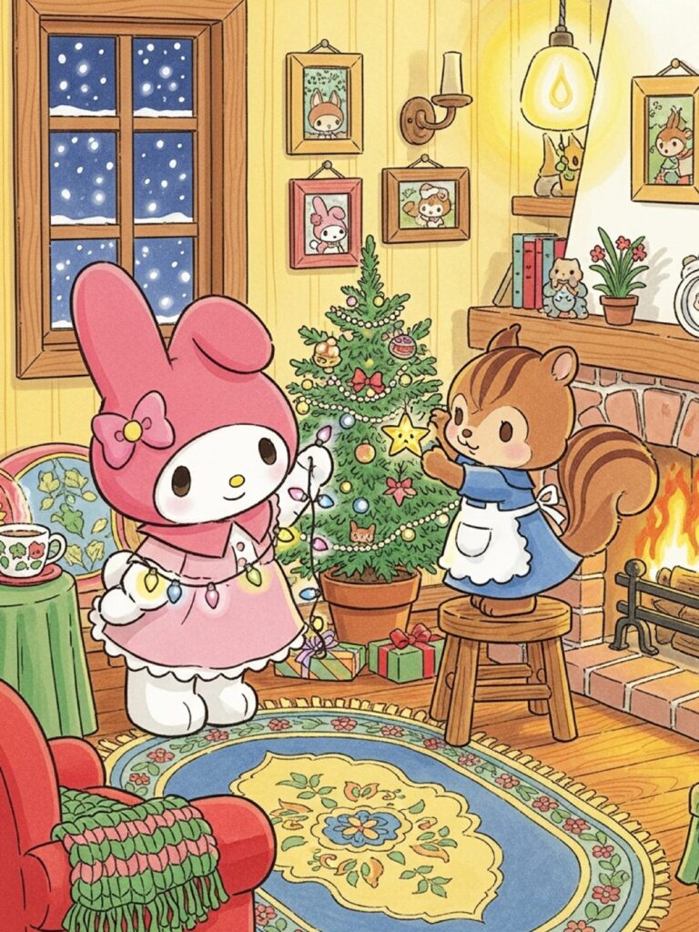 My Melody decorating her room with Sanrio items and Risu
