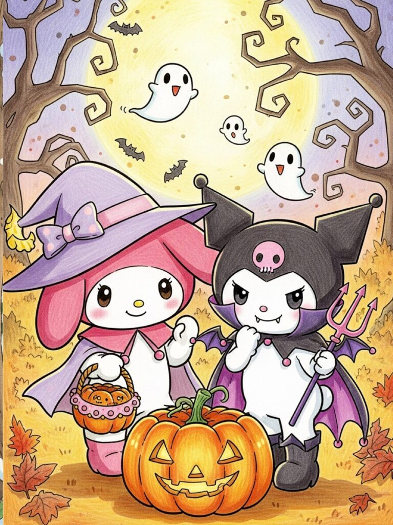 My Melody dressed for Halloween with Kuromi
