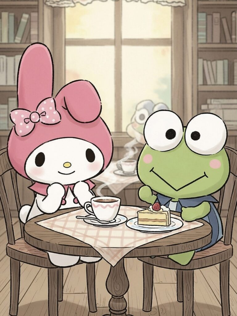 My Melody enjoying a moment at a Sanrio café with Keroppi