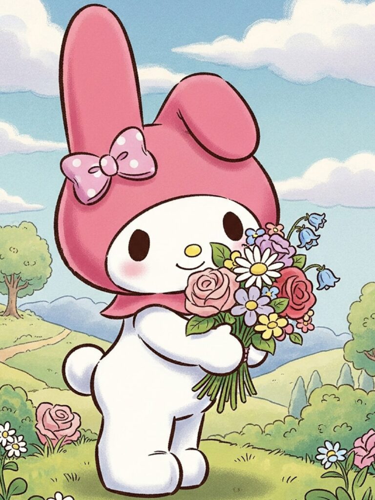 My Melody holding a bouquet of flowers