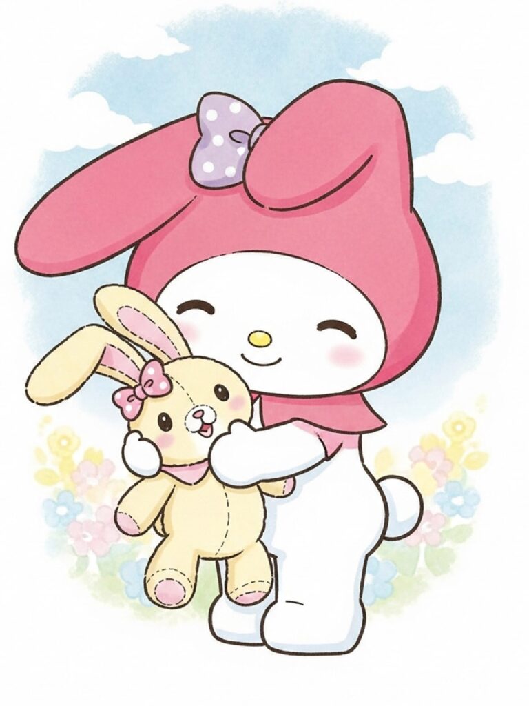 My Melody holding a bunny plush toy