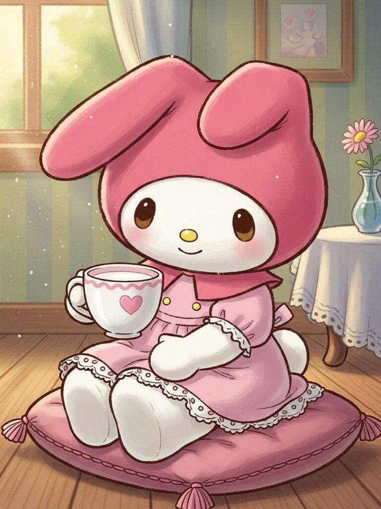 My Melody holding a cup of milk