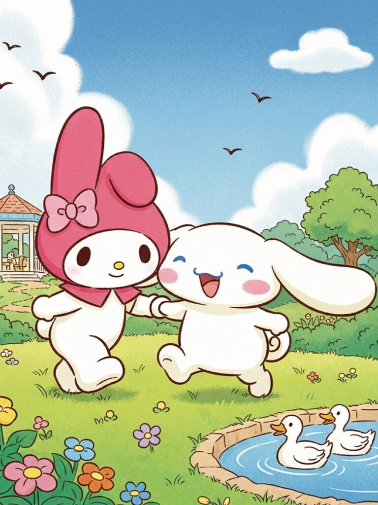 My Melody playing with Cinnamoroll at the park