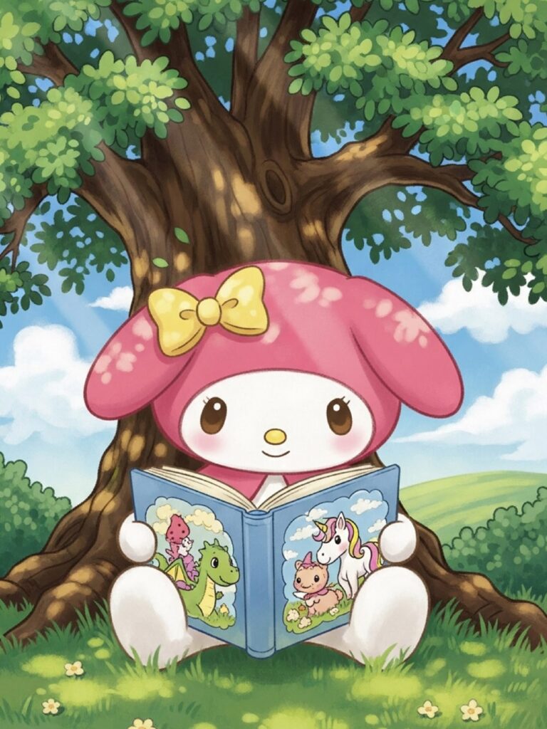 My Melody reading a fairy tale under a tree