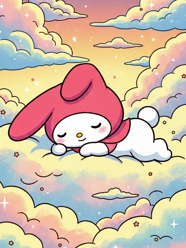 My Melody relaxing in a dreamy cloud world