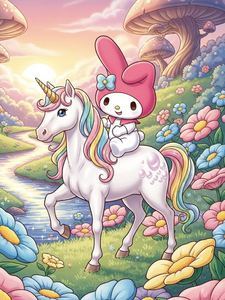 My Melody riding a unicorn in a magical world