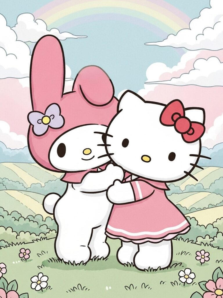 My Melody sharing a hug with Hello Kitty