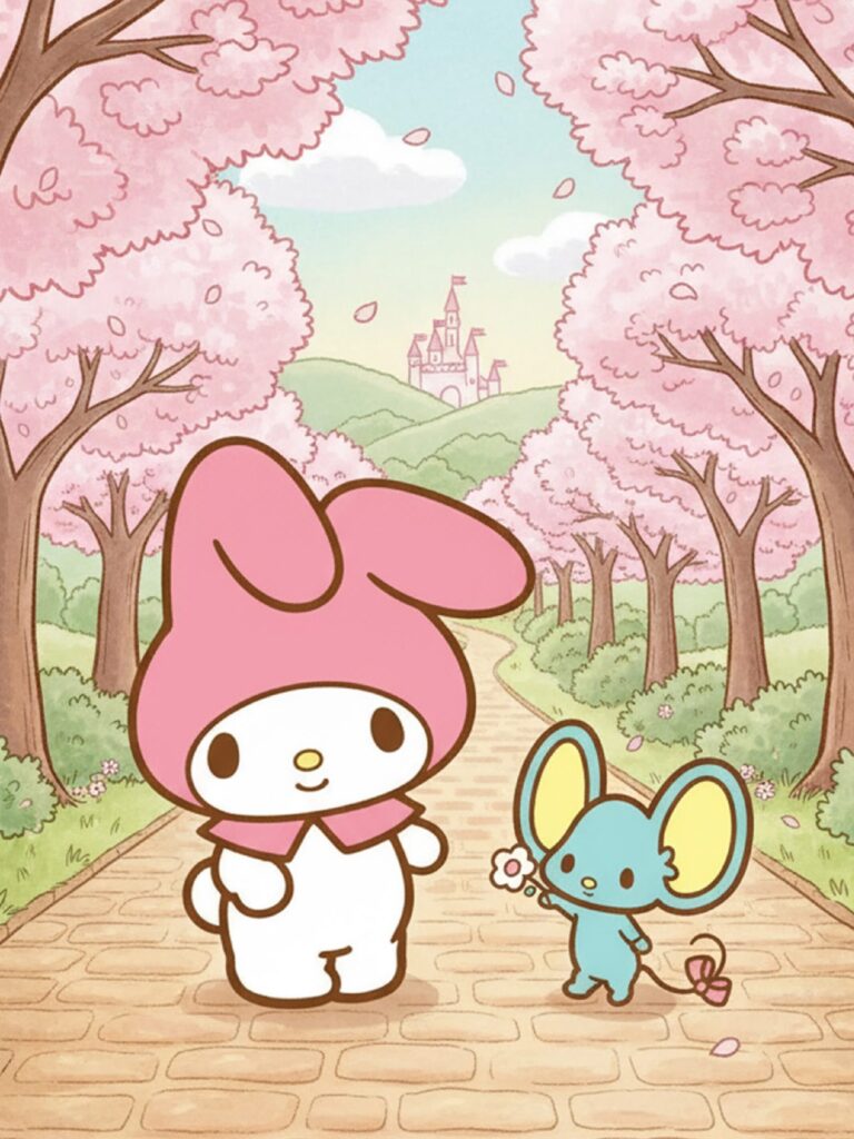 My Melody walking under blooming trees with Flat