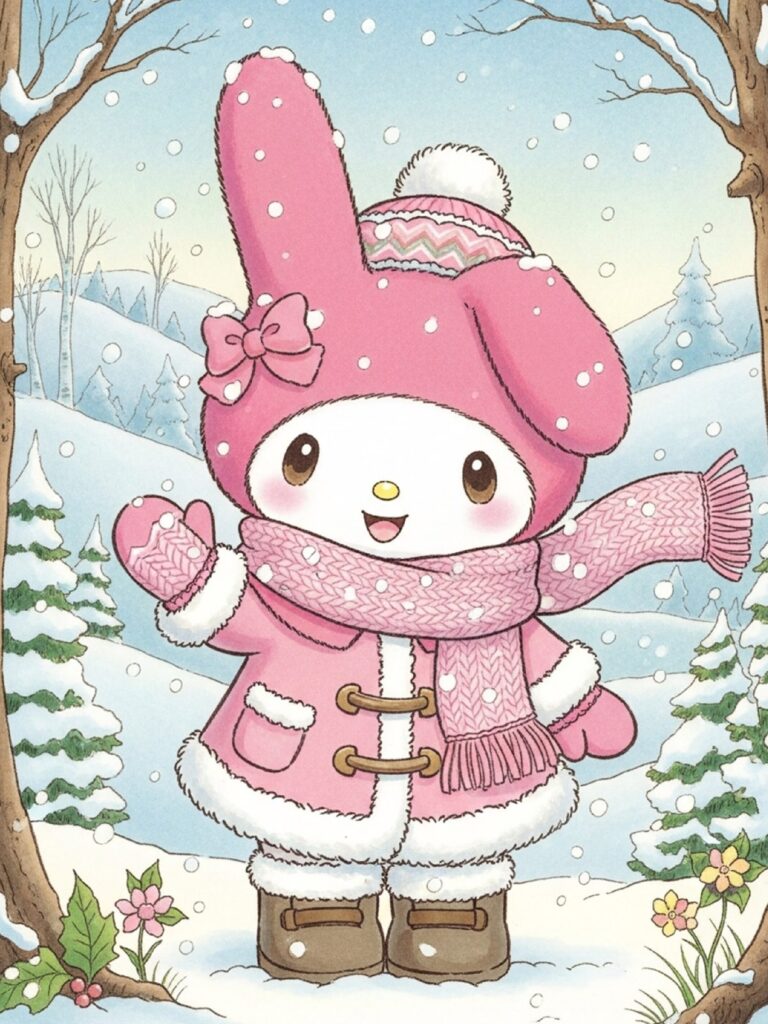My Melody wearing a scarf and mittens