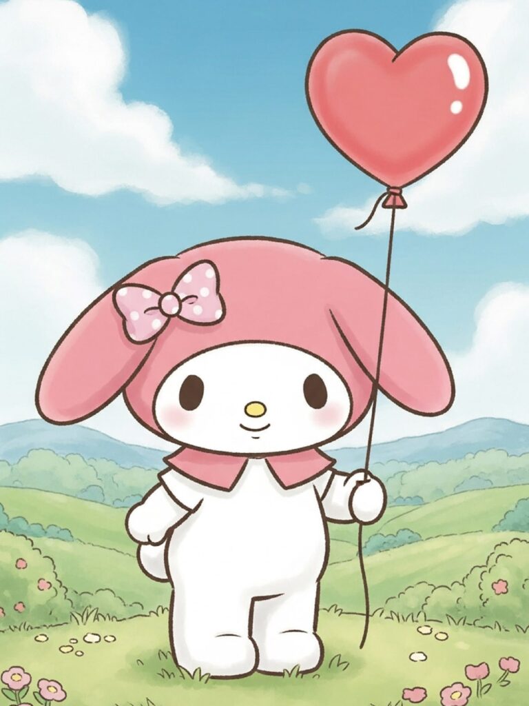 My Melody wearing her iconic hood and holding a heart balloon