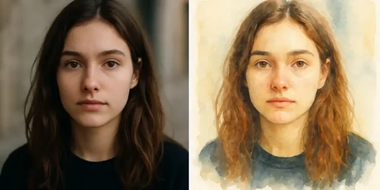 Portrait of a young woman transformed into Watercolor Painting