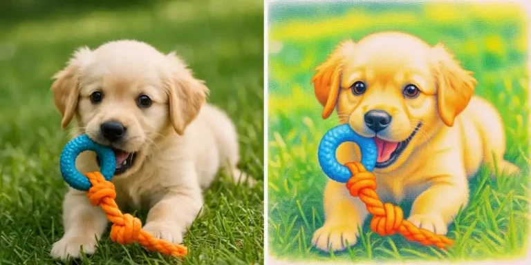 Puppy playing with a toy transformed into Colored Pencil Art