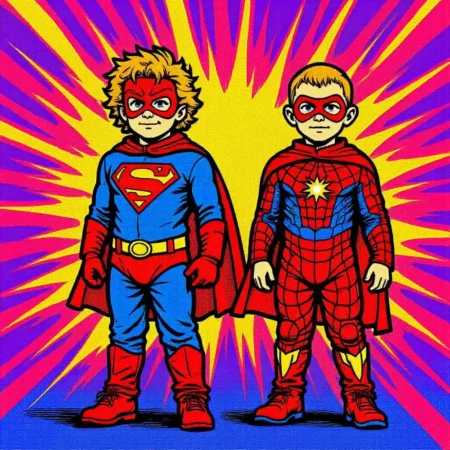 Siblings dressed as superheroes transformed with the Comic Book Art effect