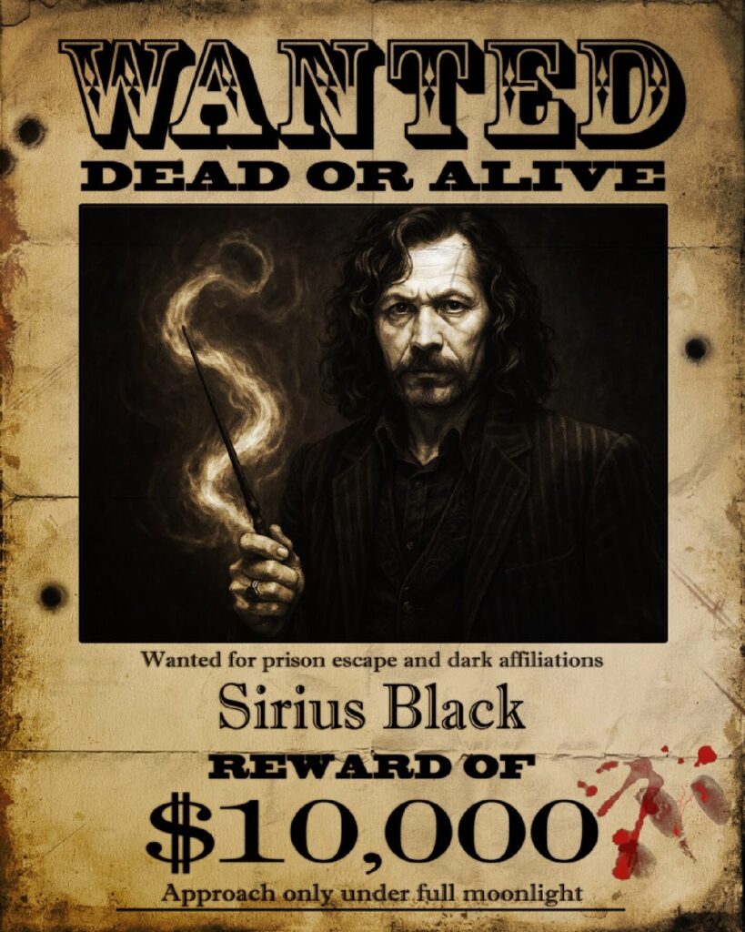 Sirius Black wizard most wanted poster magic outlaw design