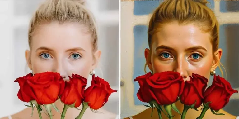 Woman holding red roses close to her face transformed into Oil Painting Effect
