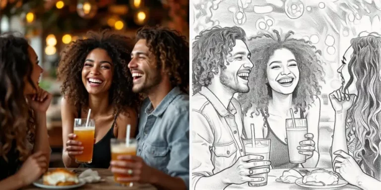 Woman laughing with friends transformed into Pencil Sketch